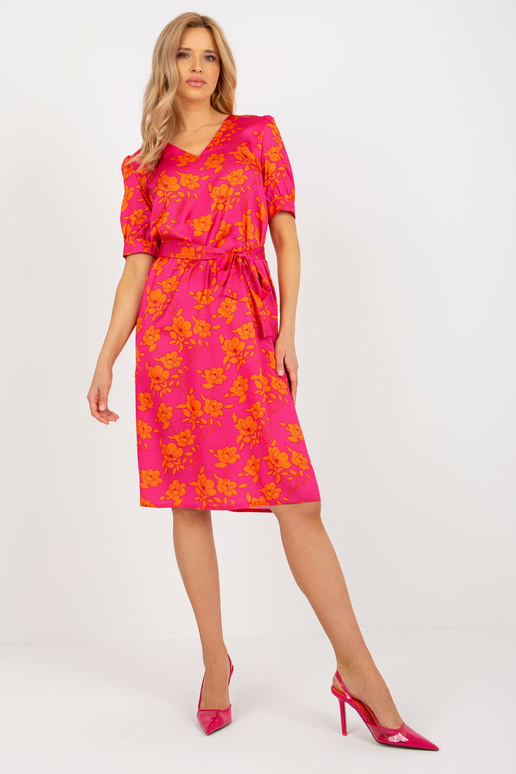 Fuksijas-oranža ziedu kokteiļkleita...