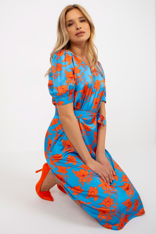 Zila un oranža ziedu kokteiļkleita