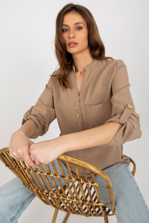 Tumši bēša kreklblūze ar stāvapkakli...