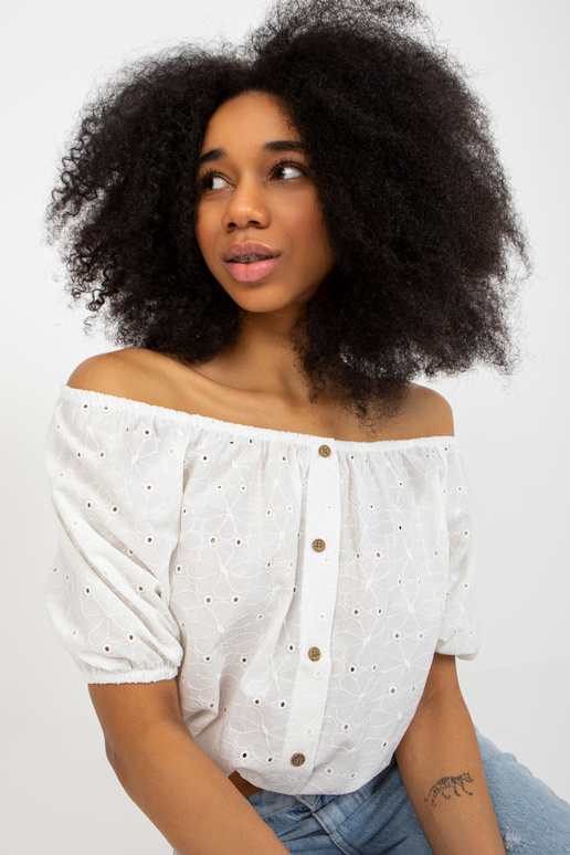 Ecru īsa spāņu blūze ar ažūra rakstu
