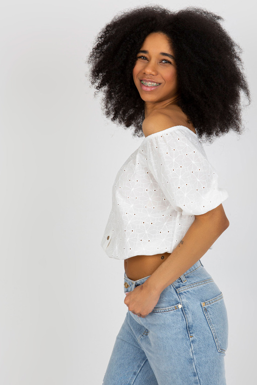 Ecru īsa spāņu blūze ar ažūra rakstu