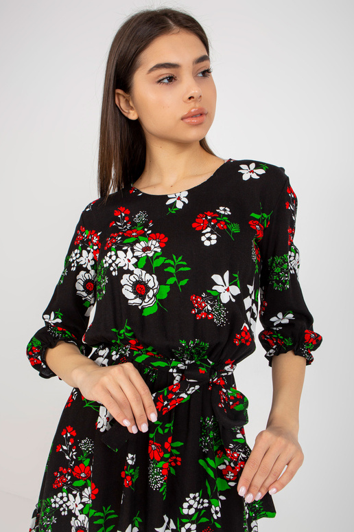 Melna puķaina mini kleita ar volānu