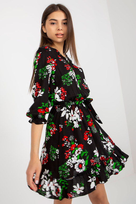 Melna puķaina mini kleita ar volānu