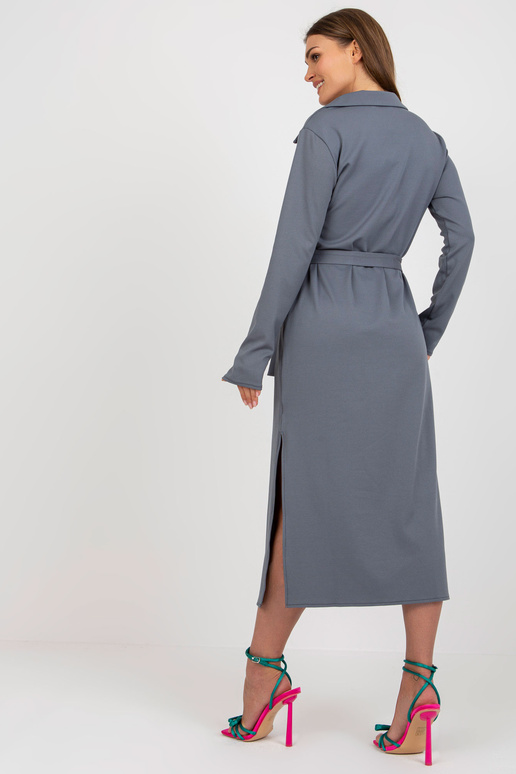 Pelēka rievota kleita ar apkakli un V...