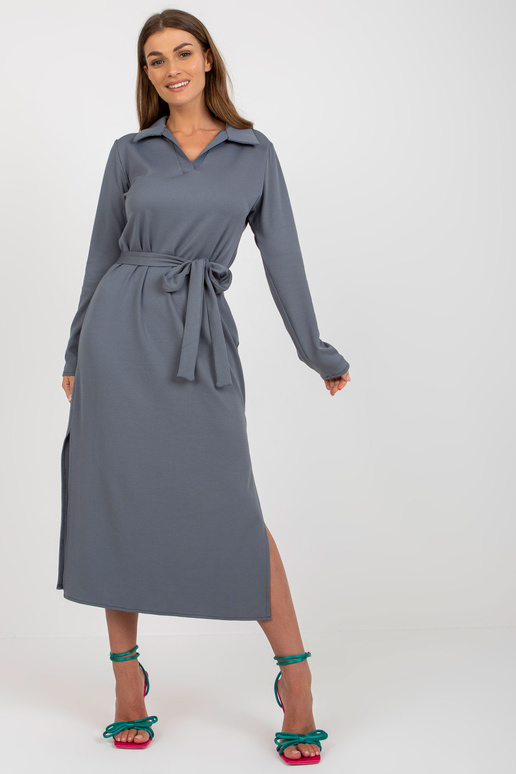 Pelēka rievota kleita ar apkakli un V...