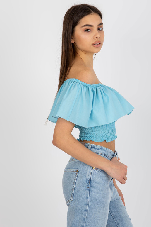 Gaiši zila īsa spāņu blūze ar volāniem