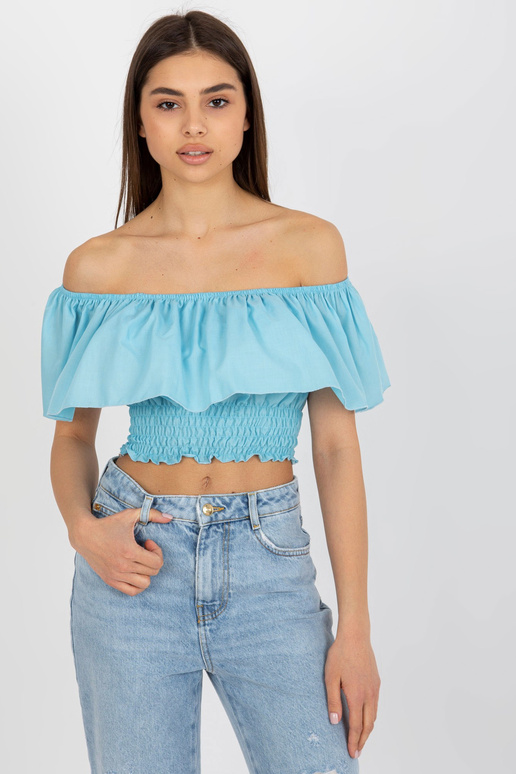 Gaiši zila īsa spāņu blūze ar volāniem