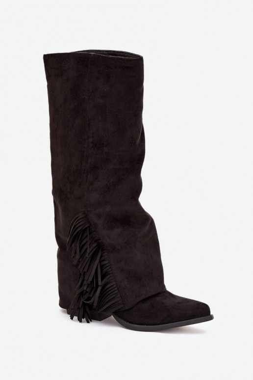 Uzvelkami sieviešu garie kovboju stila zābaki ar bārkstīm un papēžiem, melnā krāsā Zalia