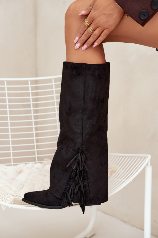 Uzvelkami sieviešu garie kovboju stila zābaki ar bārkstīm un papēžiem, melnā krāsā Zalia