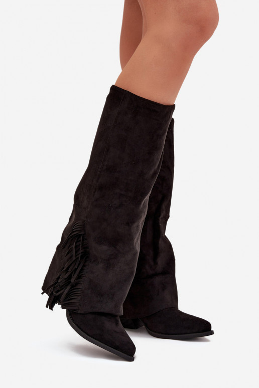 Uzvelkami sieviešu garie kovboju stila zābaki ar bārkstīm un papēžiem, melnā krāsā Zalia