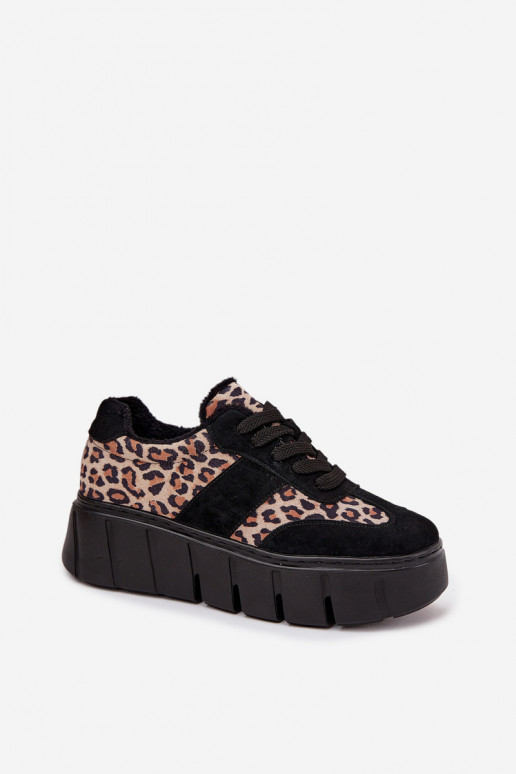 zamšādas siltināti  modeļa apavi  ar platformu Vinceza 66841 ar leoparda kažokādas rakstu Melns