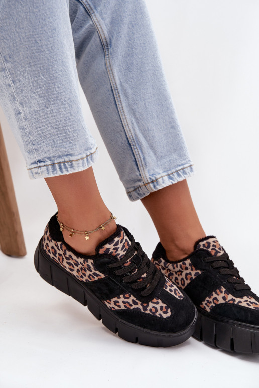 zamšādas siltināti  modeļa apavi  ar platformu Vinceza 66841 ar leoparda kažokādas rakstu Melns