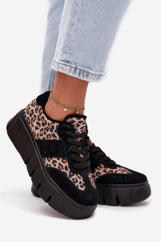 zamšādas siltināti  modeļa apavi  ar platformu Vinceza 66841 ar leoparda kažokādas rakstu Melns