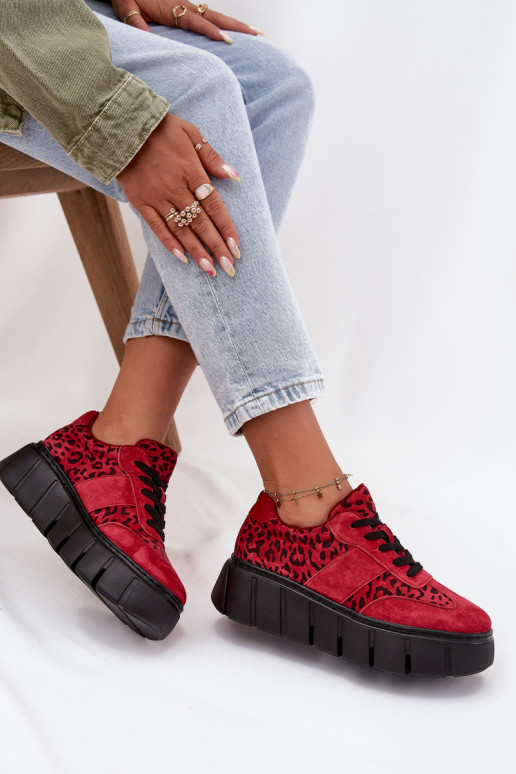 zamšādas siltināti  modeļa apavi  ar platformu Vinceza 66841 ar leoparda kažokādas rakstu sarkanas krāsas