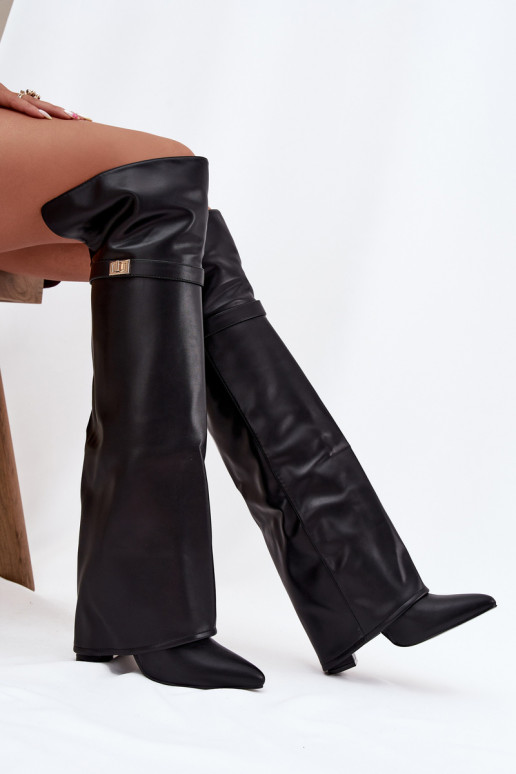 siltināti garie zābaki Z Wywiniętą Cholewką  Obcas Słupek Melns Serelle