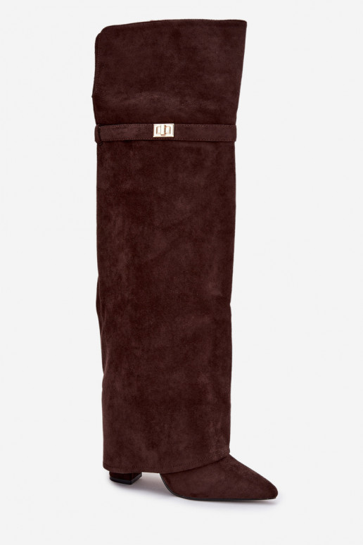 siltināti garie zābaki Z Wywiniętą Cholewką  Obcas Słupek Czekoladowe Serelle