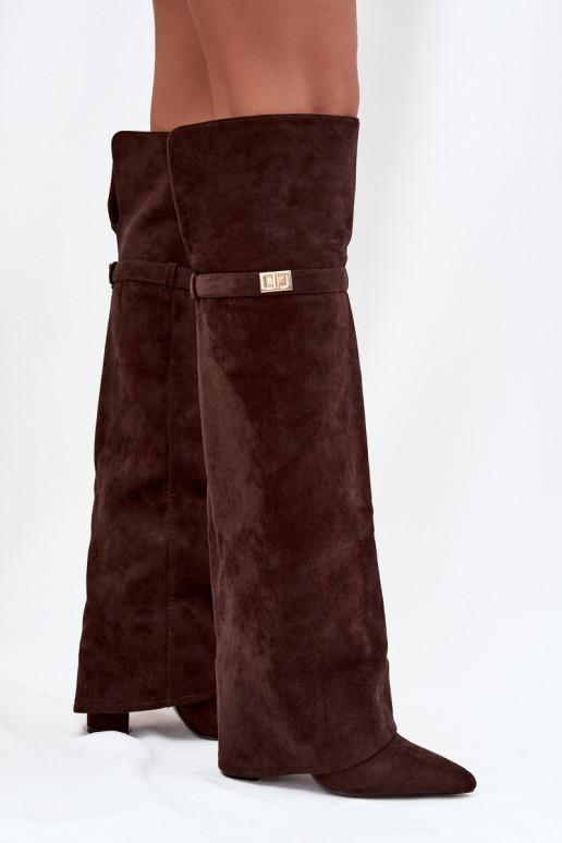 siltināti garie zābaki Z Wywiniętą Cholewką  Obcas Słupek Czekoladowe Serelle