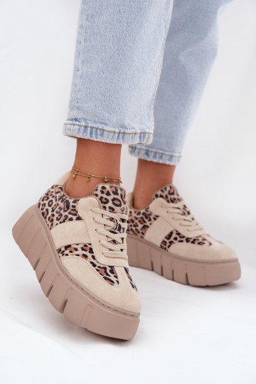 zamšādas siltināti Sneakers modeļa apavi Sieviešu ar platformu Vinceza 66841 ar leoparda kažokādas rakstu smilšu krāsas