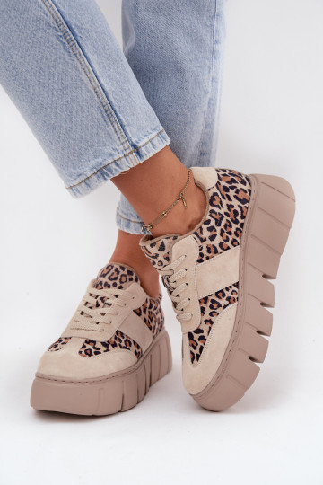 zamšādas siltināti Sneakers modeļa apavi Sieviešu ar platformu Vinceza 66841 ar leoparda kažokādas rakstu smilšu krāsas 2