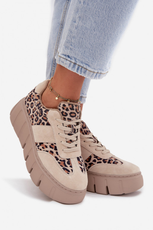 zamšādas siltināti Sneakers modeļa apavi Sieviešu ar platformu Vinceza 66841 ar leoparda kažokādas rakstu smilšu krāsas