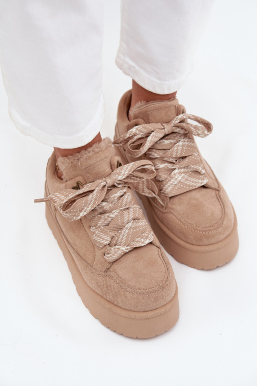 šņorējami sniega apavi  ar platformu siltināti ar kažokādu smilšu krāsas Tavelle šņorējami sniega apavi  ar platformu siltināti ar kažokādu smilšu krāsas Tavelle