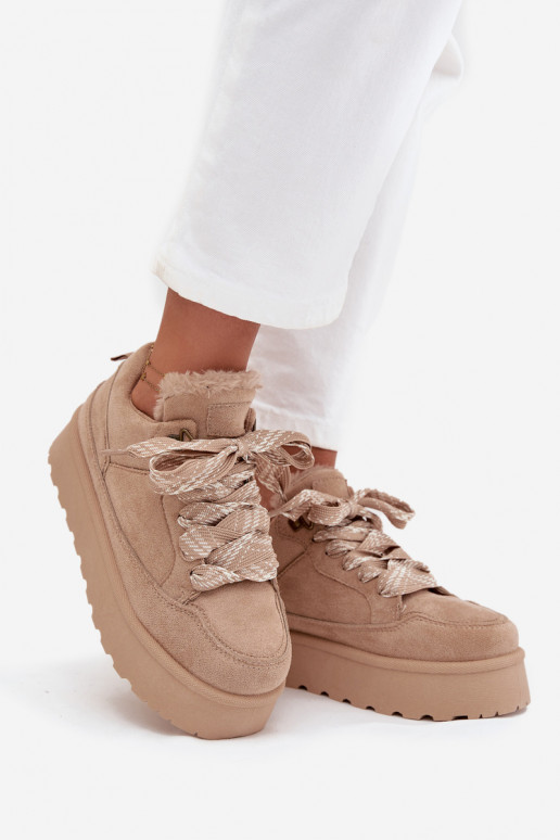 šņorējami sniega apavi  ar platformu siltināti ar kažokādu smilšu krāsas Tavelle šņorējami sniega apavi  ar platformu siltināti ar kažokādu smilšu krāsas Tavelle