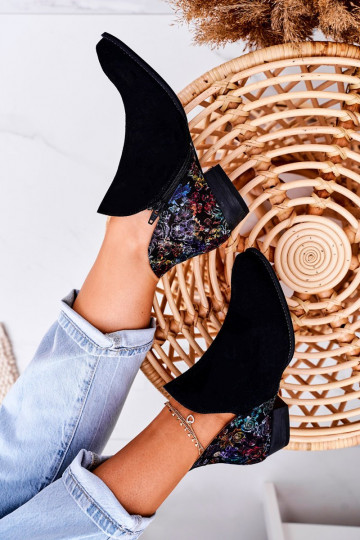 Sieviešu puszābaki no dabīgas ādas  Melns ar puķītēm 04091-57 2