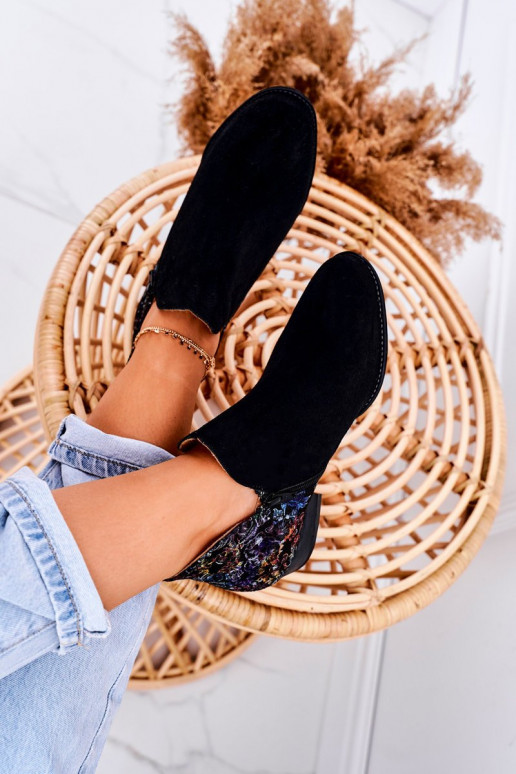 Sieviešu puszābaki no dabīgas ādas  Melns ar puķītēm 04091-57