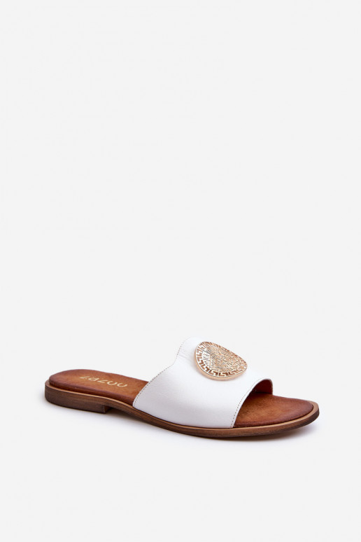 Zazoo 2938 ādas čības ar platām papēžiem un ornamentiem baltā krāsā