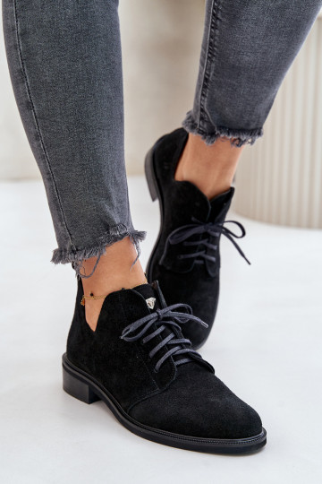 Zazoo 2959 zamšādas apavi Oksfordki šņorējami ar platiem papēžiem Melns