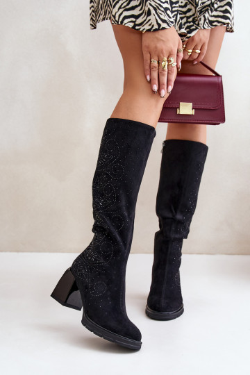 Dekorētas sieviešu garie zābaki  siltināti ar papēdi MR880-158 Melns 2