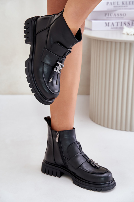 sieviešu zābaki ar platiem papēžiem ar ornamentiem siltināti Melns Asperra