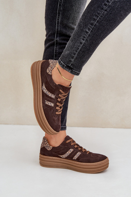 Zazoo N1176 zamšādas  modeļa apavi ar platformu ar leoparda kažokādas rakstu Czekoladowe