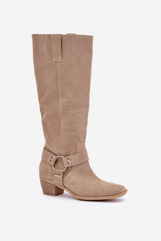 zamšādas garie zābaki  ar stulmu  Zazoo 3444/O Ziloņkaula krāsas