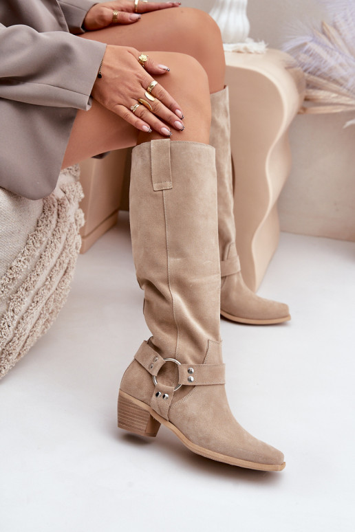 zamšādas garie zābaki  ar stulmu  Zazoo 3444/O Ziloņkaula krāsas