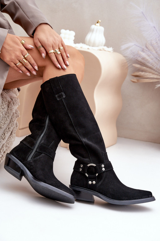 zamšādas garie zābaki   ar ornamentiem Zazoo 3656 Melns