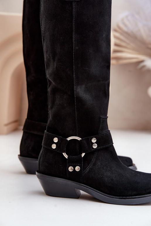 zamšādas garie zābaki   ar ornamentiem Zazoo 3656 Melns