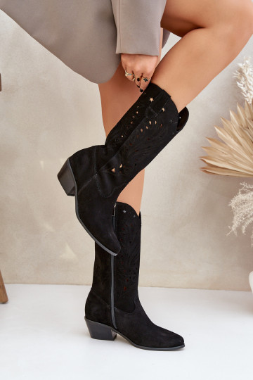 zamšādas garie zābaki Z Ażurową Cholewką Zazoo 3609 Melns