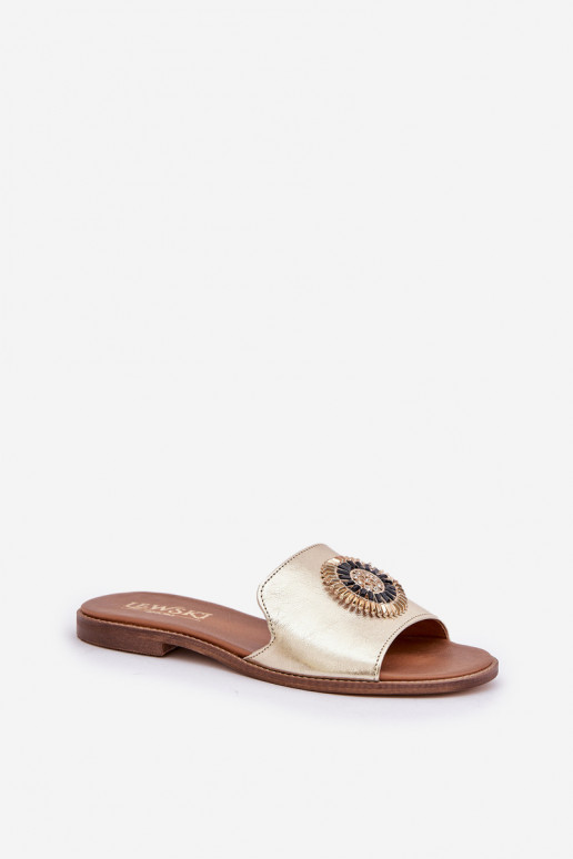 Čibas no dabīgas ādas ar ornamentiem ar platiem papēžiem Zazoo 3047/O Zelta krāsas