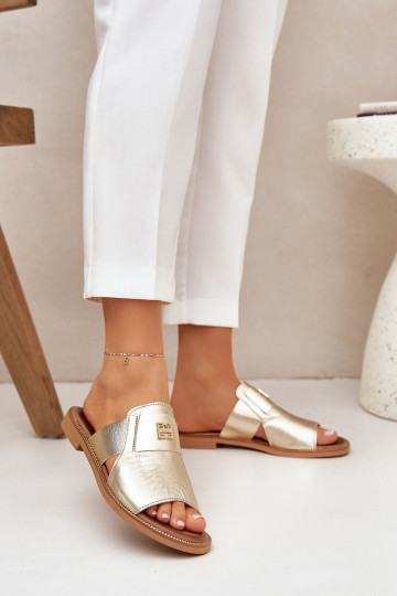 Eleganta stila Čības no dabīgas ādas ar platiem papēžiem Zazoo 40423 Zelta krāsas