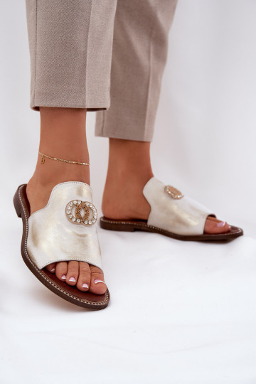 Eleganta stila Čibas no dabīgas ādas  ar ornamentiem Zazoo 3008 Zelta krāsas Przecierany 2