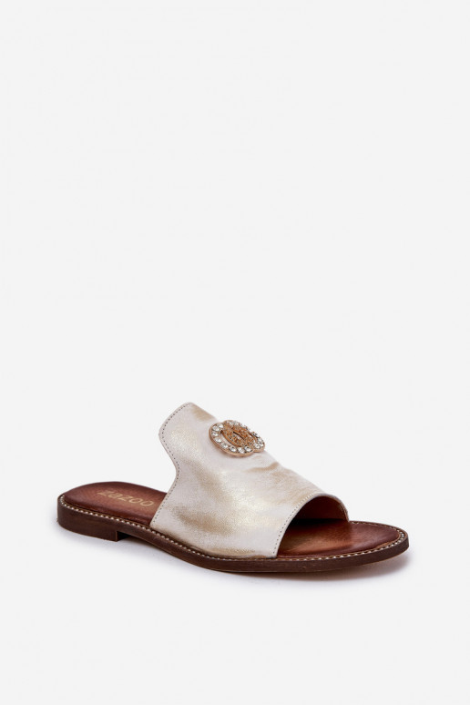 Zazoo 3008 elegantās ādas sieviešu čības ar ornamentiem zeltainā nodilušā krāsā