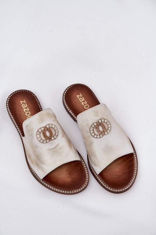 Eleganta stila Čibas no dabīgas ādas  ar ornamentiem Zazoo 3008 Zelta krāsas Przecierany