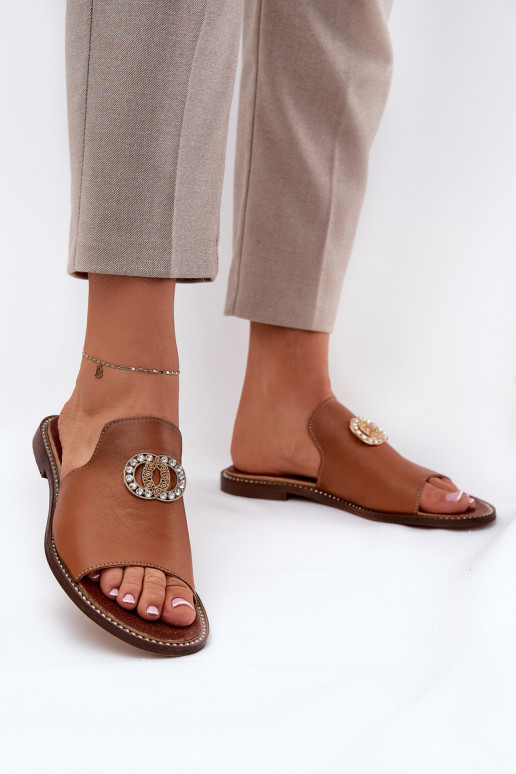 Zazoo 3008 elegantās ādas sieviešu čības ar ornamentiem brūnā krāsā