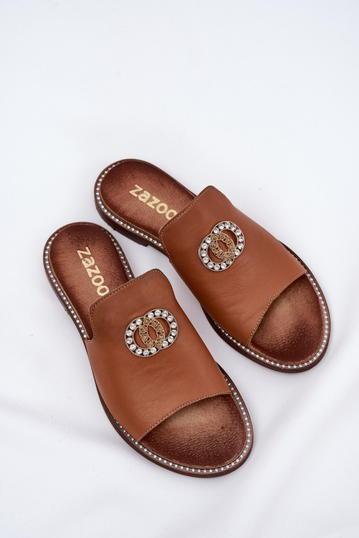 Zazoo 3008 elegantās ādas sieviešu čības ar ornamentiem brūnā krāsā