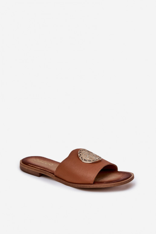 Zazoo 2938 ādas čības ar platām papēžiem un ornamentiem brūnā krāsā