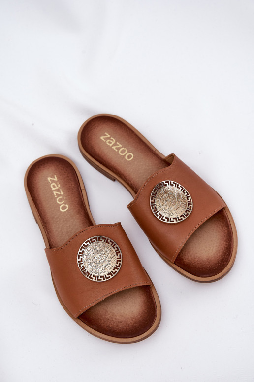 Zazoo 2938 ādas čības ar platām papēžiem un ornamentiem brūnā krāsā