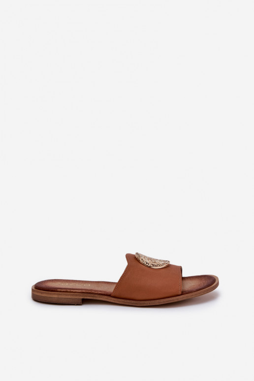 Zazoo 2938 ādas čības ar platām papēžiem un ornamentiem brūnā krāsā