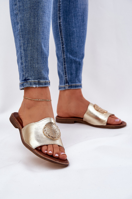 Zazoo 2938 Čibas no dabīgas ādas ar platiem papēžiem ar ornamentiem Zelta krāsas Zazoo 2938 Čibas no dabīgas ādas ar platiem papēžiem ar ornamentiem Zelta krāsas