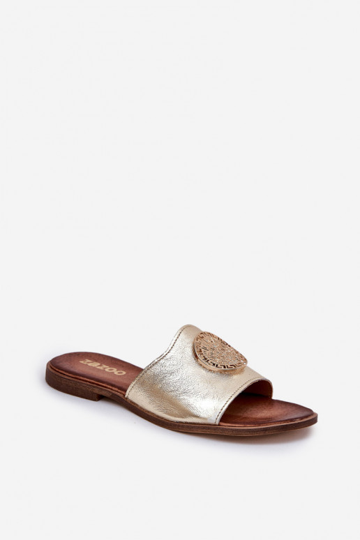 Zazoo 2938 Čibas no dabīgas ādas ar platiem papēžiem ar ornamentiem Zelta krāsas Zazoo 2938 Čibas no dabīgas ādas ar platiem papēžiem ar ornamentiem Zelta krāsas